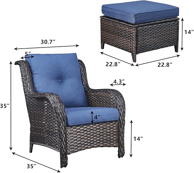 Rilyson Luxury 4 Pieces Patio Wicker Furniture Ottomans, Wicker Patio Chairs Set of 2 with Ottoman, Rattan Outdoor Porch Chair with Thick Cushion for Balcony Deck Yard and Porch (Brown/Blue)