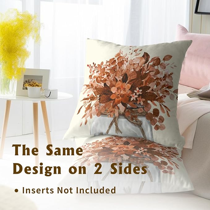Fall Eucalyptus Leaves Pillow Covers 22x22 Inch Set of 2, Orange Floral Leaf Jar Autumn Seasonal Decorative Farmhouse Pillows Cushion Case for Sofa Couch Home Decor