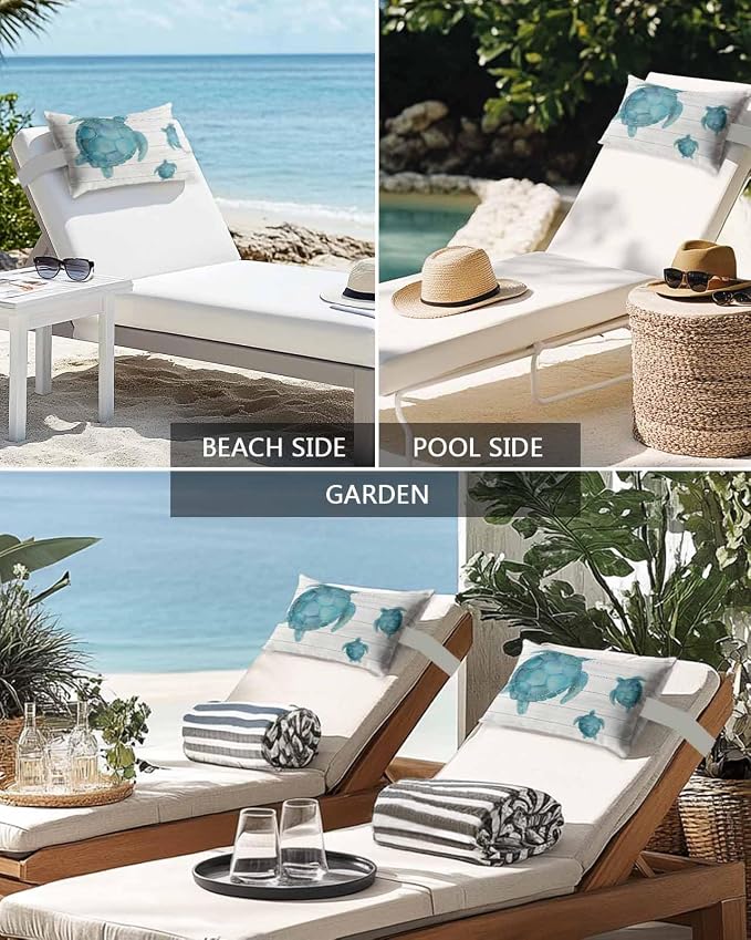 Ocean Coastal Beach Teal Sea Turtle Outdoor Head Pillows for Recliner Chair,Pack of 1 Waterproof Throw Pillow Cushion Cases with Insert&Elastic Strap,Farm Rustic Wooden Plank Pillow for Patio Beach