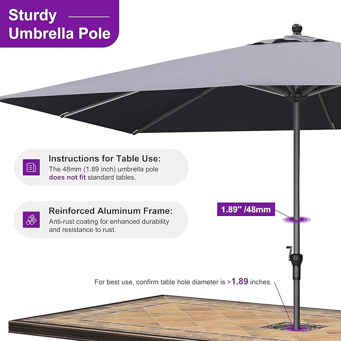 PURPLE LEAF 11.5' x 8' Rectangle Patio Market Umbrella with Base Outdoor Table Umbrellas Aluminum Frame Sun Shade with 8 Sturdy Ribs for Garden Deck Lawn Pool Gray