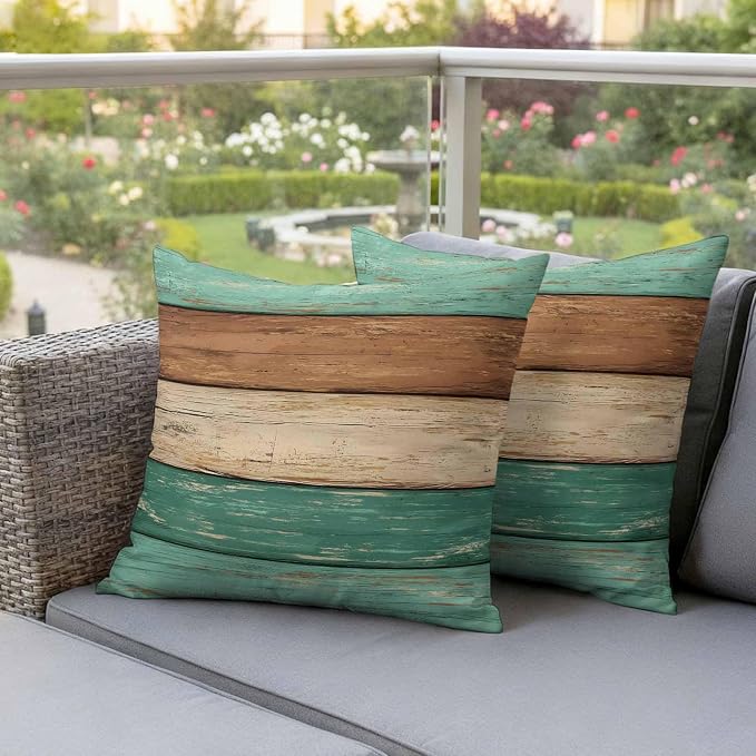 Farmhouse Teal Brown Outdoor Waterproof Pillow Covers, Vintage Wooden Striped Decorative Square Throw Pillowcase Sofa Cushion Sham for Patio/Couch/Chair, 20"x20" 2 Pack