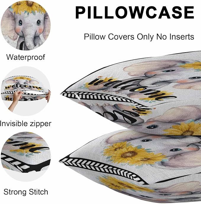 Cute Elephant Outdoor Pillow Covers 18x18 Inch Throw Pillow Covers Set of 2 Waterproof Decorative Pillow Cases Funny Sunflowers Animal Welcome Sign Linen Cushion Covers for Patio Furniture Garden