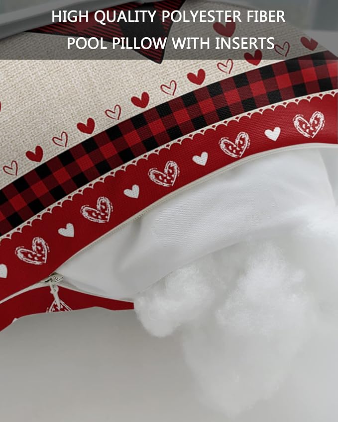 Outdoor Pillows Covers with Inserts Love Heart Black and Red Buffalo Plaid Waterproof Recliner Pillow with Adjustable Strap Throw Pillows for Patio Furniture Pool Lounge Chair, 12x20 inch, 2PCS