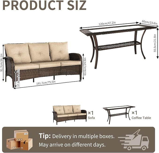 SHGJ&SOFT All Weather Patio Furniture Set, High Back Swivel Rocker Glider Chairs，Ottomans & Glass Tables, Outdoor Conversation Set for Deck Porch Yard Poolside (Brown, 2PCS-Sofa&Table)