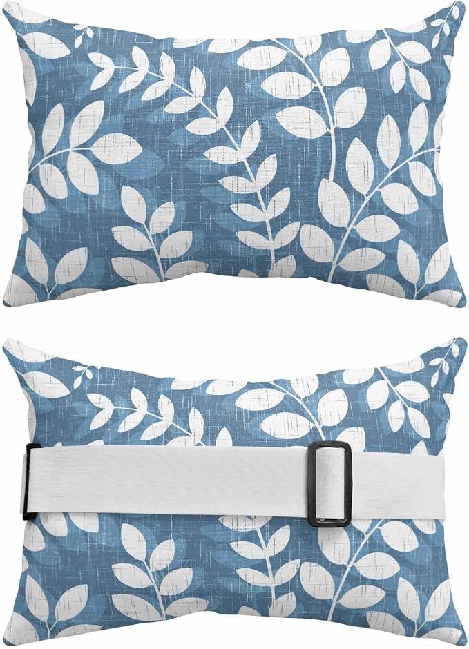 Outdoor Lumbar Pillow Set of 2, Lake Blue Leaves Waterproof Beach Headrest Pillow with Inserts, Farmhouse Botanical Branch Vintage Boho Leaf Recliner Throw Pillows for Patio Furniture, 11 x 16