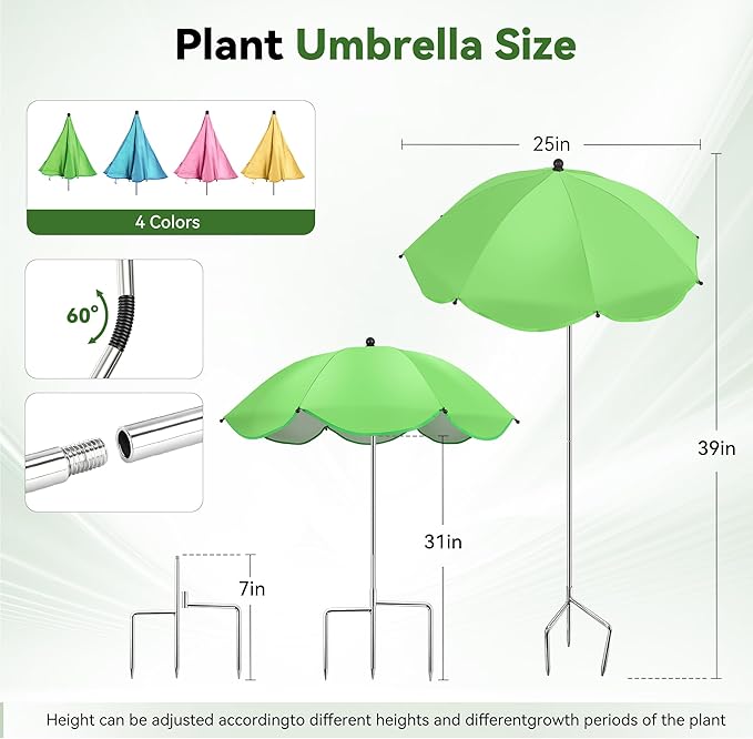 4 Pack Plant Umbrellas for Outdoor Plants, Upgraded 360° Rotating 3-Prong Ground Stake for Stronger Grip, Stable Garden Shade Umbrella for Flowers, Vegetables, Fruit Trees, Raised Beds & Planters