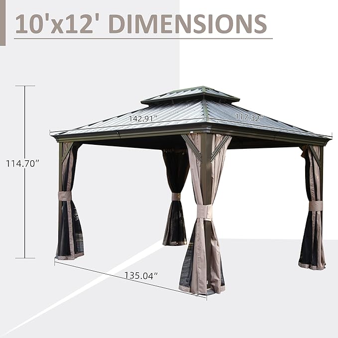 Domi 10’x12’ Hardtop Gazebo with Gutters, Outdoor Metal Gazebo for Patios with Galvanized Steel Double Roof, Heavy Duty Curtains and Netting Included, Pergola for Backyard, Garden Lawn, Deck, Brown