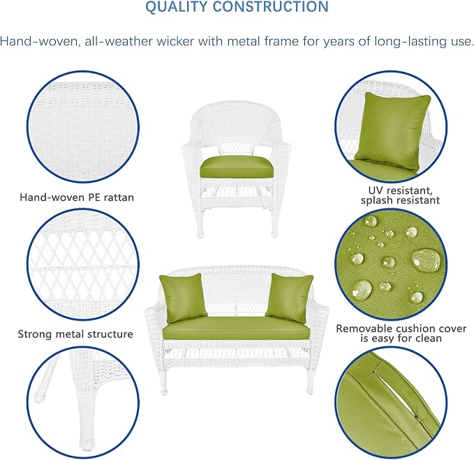 Jeco 5 Piece Resin Wicker Patio Conversation Set in White with Green Cushions