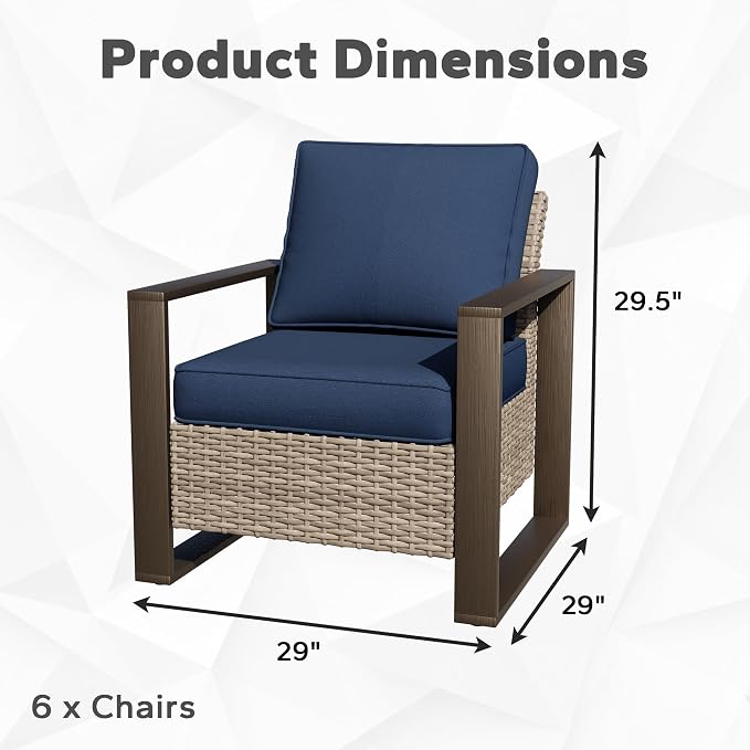 Joyside Outdoor Patio Chairs Set, 6 Pieces Wicker Rattan Chairs with Metal Wide Armrest, Thick Cushions and Deep Seating for Garden, Backyard, Porch, Deck
