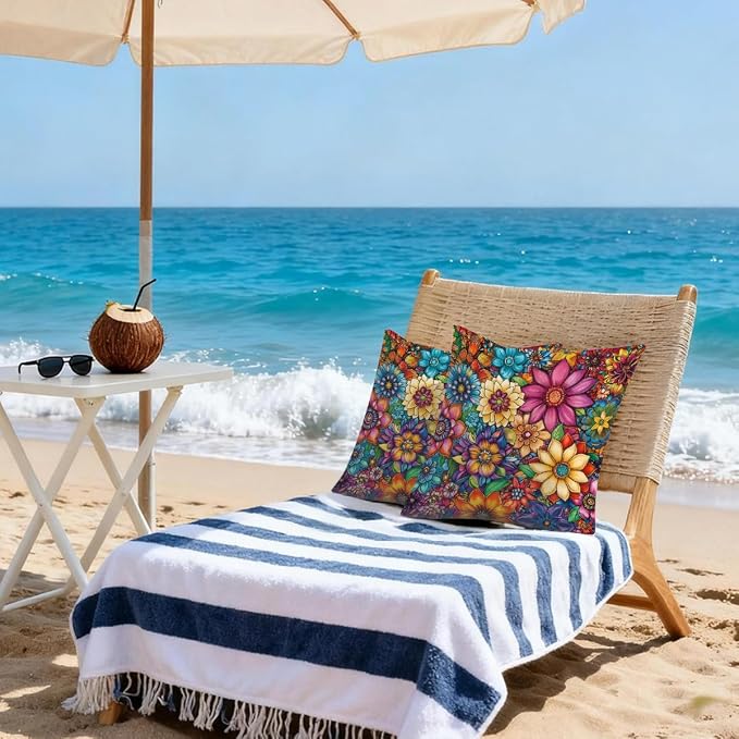 16x16 Inch Outdoor Pillow Covers Set of 2 Waterproof Throw Pillow Covers Decorative Couch Cushion Covers Bright Floral Mandala Square Pillowcases Protectors for Patio Garden Sofa