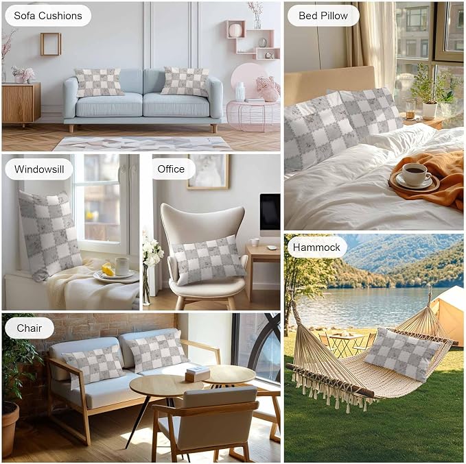 Cream Gray Checkered Outdoor Pillow Covers 20x12 Inch Lumbar Pillow Covers Set of 2 Waterproof Decorative Throw Pillow Cases Modern Farmhouse Plaid Fur Texture Cushion Covers for Patio Furniture