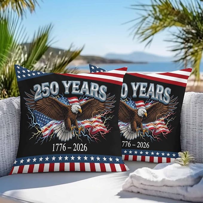 American Flag 4th of July Outdoor Waterproof Throw Pillow Covers 24x24 Set of 2, Independence Day Eagle USA Flag Decorative Pillowcases Cushion Pillowcase for Couch Sofa Patio Outside Pillow Protector