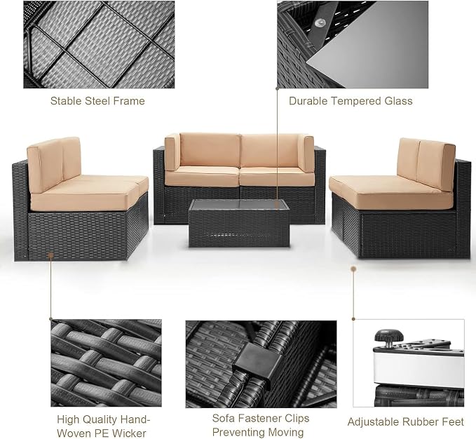 7-Piece PE Rattan Patio Furniture Set with Outdoor Wicker Sectional Sofa and Chairs with Tea Table for Backyard, Garden, Porch, or Deck Conversation Lounge(Blue2)