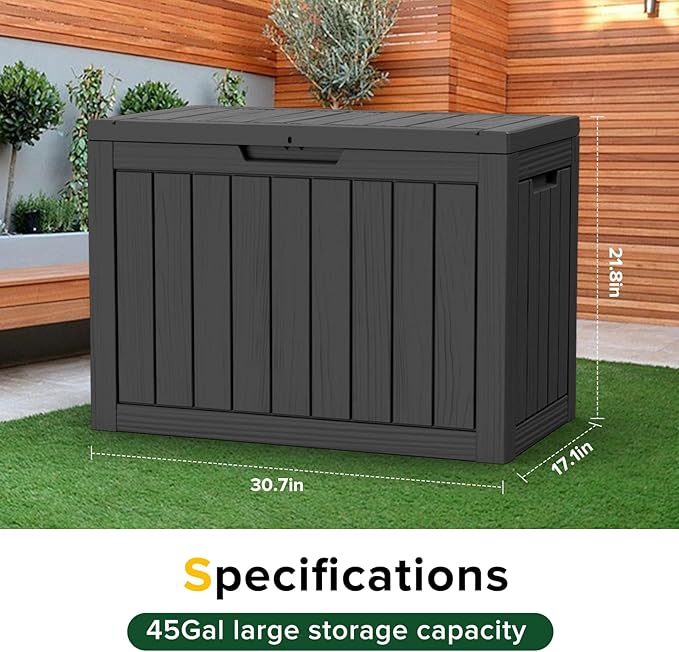 Waterproof Outdoor Storage Box, 45 Gallon Lockable Deck Box, UV-Resistant Outside Storage Bin With Hydraulic Lid For Patio Furniture, Cushion Organizer, Garden Tools, Pool Accessories, Black