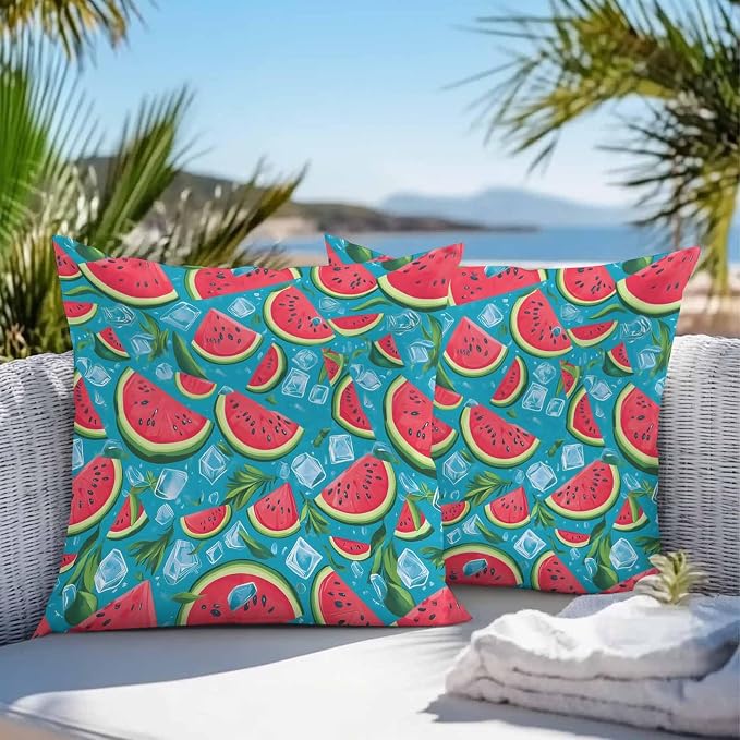 Vandarllin Outdoor Throw Pillows Covers 20x20 inch Set of 2 Waterproof Watermelon Decorative Zippered Cushion Covers for Patio Furniture, Summer Fruit Ice Cubes Lumbar Pillowcases