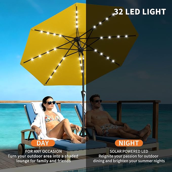 Garvee 9/10 FT Solar Patio Umbrella with 32 LED Lights - Outdoor Table Umbrella with Crank Lift, Push Button Tilt and 8 Sturdy Ribs - Market Umbrella UV Protection for Pool, Deck, Yard, Garden