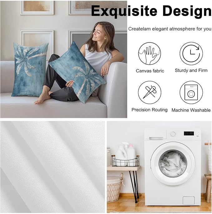 Coastal Beach Tree Blue Grey Outdoor Waterproof Pillow Covers, Vintage Summer Palm Tropical Botanical Decorative Rectangle Throw Pillowcase Sofa Cushion Sham for Patio/Couch/Chair, 20"x12" 2 Pack