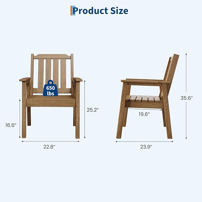 GarveeLife Outdoor Dining Chairs Set of 4, HDPE Patio Chairs 650LBS Capacity All-Weather Yard Armchair with Slatted Seat, 23.9" Wide Heavy Duty Modern Backyard Furniture for Garden, Poolside, Deck