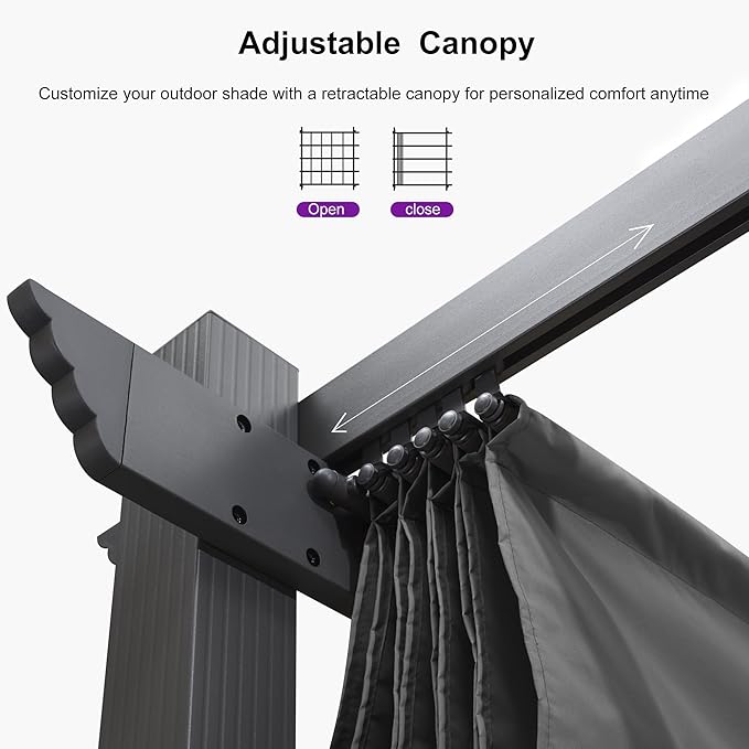 PURPLE LEAF 10' X 10' Outdoor Pergola with 4-Sided Curtains Retractable Canopy Patio Aluminum Sun Shade for Garden Deck Porch Gazebo Pavilion Grill Modern Yard Grape Trellis Pergola Gray