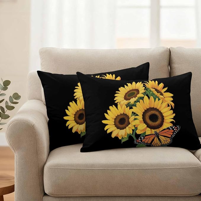 Outdoor Waterproof Throw Pillow Covers Set of 2 Watercolor Sunflower Lumbar Pillowcases 20x12 Inches Summer Floral Butterfly Decorative Pillows Cushion Case Patio Pillows for Couch Bed Chair Garden