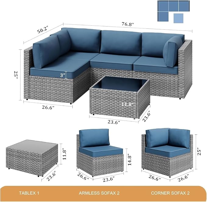 5 Piece Wicker Outdoor Conversation Set Blue Sectional Sofa with Thick Cushions Outdoor Patio Furniture Sets for Backyard Poolside Garden