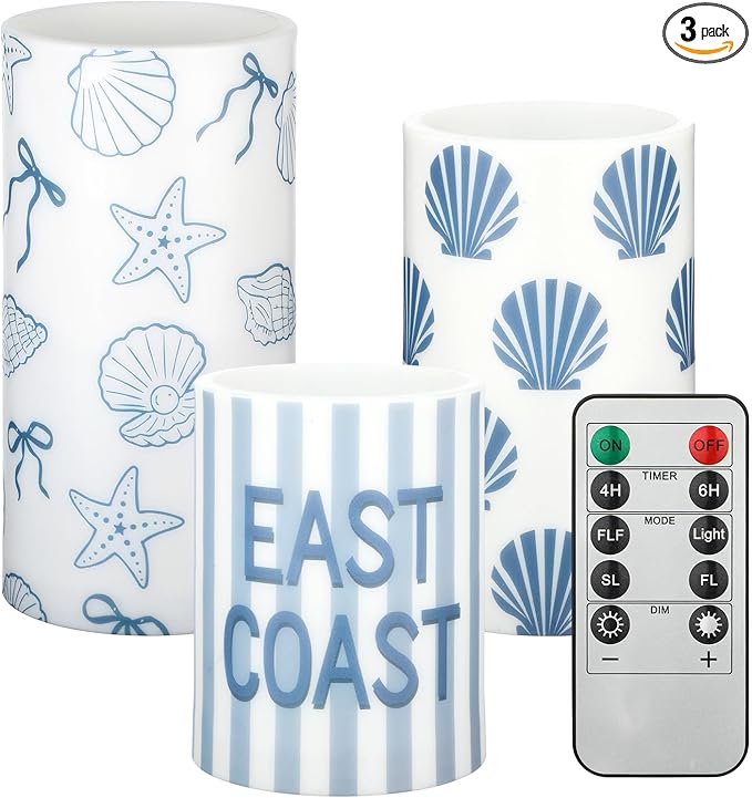 Baquler 3 Pcs Seashell Last Toast on The Coast Bachelorette Decorations East Coast Flameless Candles Bow Starfish and Seashell Flickering Candles with Remote Battery Operated LED Home Decorations