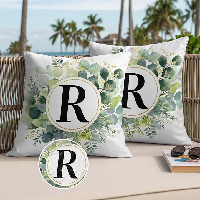 Letter R Waterproof Outdoor Pillow Covers Set of 2 Home Decor, Alphabet Green Eucalyptus Leaves Pillowcase Patio Pillow Covers for Couch Bench Patio Furniture Garden 16x16in