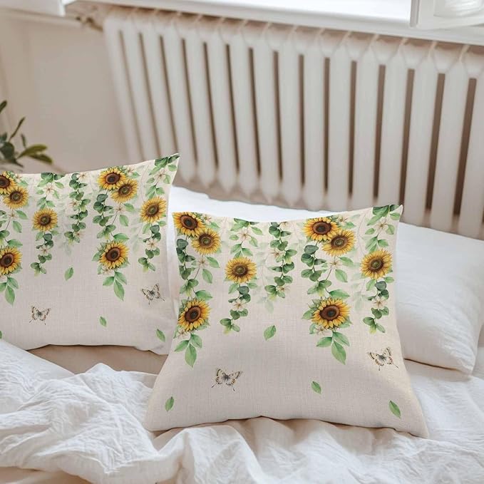 Sunflowers Butterfly Waterproof Outdoor Pillow Covers Set of 2 Home Decor, Spring Floral Pastoral Rustic Pillowcase Patio Pillow Covers for Couch Bench Furniture Garden 20x20in