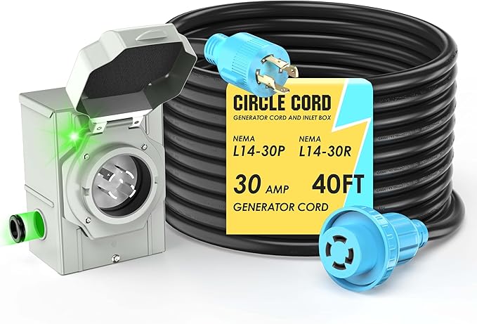 CircleCord 4 Prong 40 Feet 30 Amp Generator Extension Cord and Inlet Box with Locking Connector, Heavy Duty NEMA L14-30P/L14-30R, 125/250V 7500W 10 Gauge SJTW Generator to House Power Cord