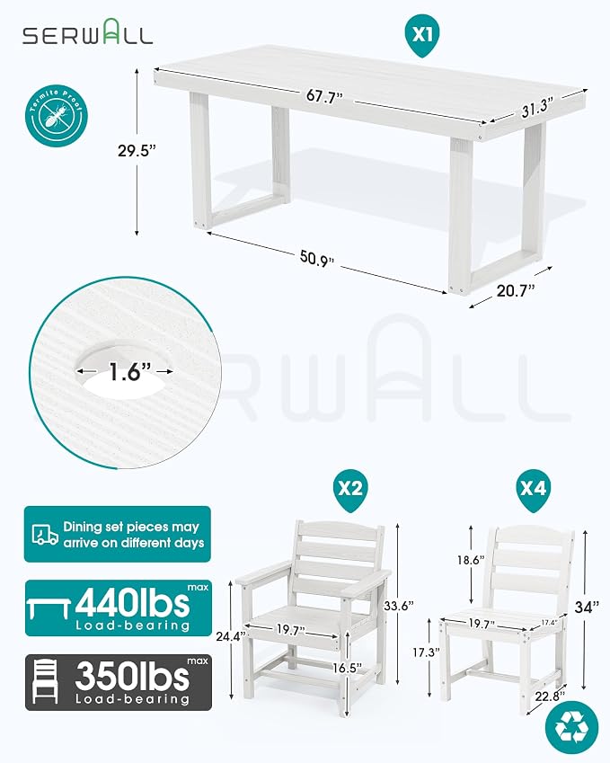 SERWALL HDPE Outdoor Dining Set for 6, 67'' Patio Table and Chairs Set | with Armless Seat