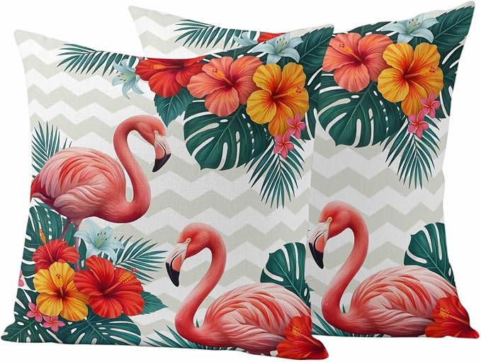 Pink Flamingos Outdoor Pillow Covers 24"x24" Set of 2, Summer Red Hibiscus Flower Tropical Plant Wave Stripes Waterproof Throw Pillow Covers for Patio Furniture, Decorative Cushion Covers for Porch