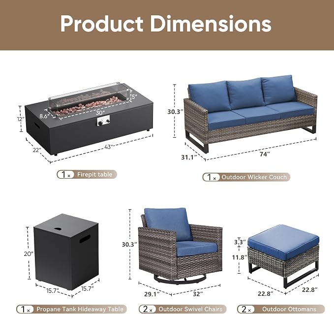 HUMMUH Patio Furniture Set with Fire Pit Table,7 Piece Wicker Outdoor Conversation Sets -Outdoor Swivel Rocker Chairs Patio Sofa for Porch,Garden,Backyard