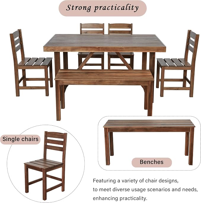 RUNNA Acacia Wood 6-Piece Outdoor Dining Set, Minimalist Patio Furniture with Dining Table,Bench and 4 Chairs for Garden, Balcony, Poolside (Brown-A1)