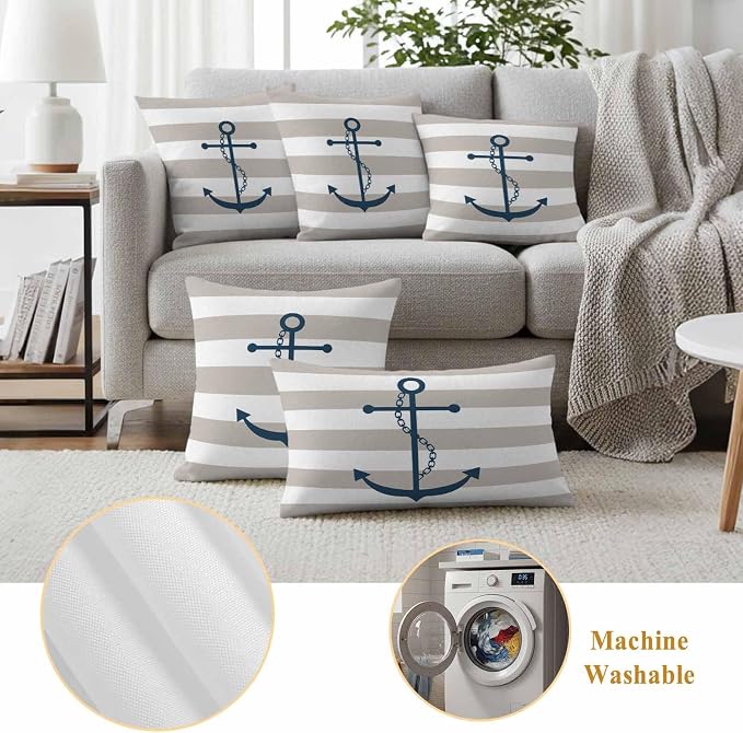 Waterproof Throw Pillow Covers 18x18 Set of 2, Coastal Blue Anchor Art Outdoor Pillowcases with Invisible Zipper, Vintage Gray Stripe Decorative Cushion Covers for Patio Garden Sofa Couch Balcony