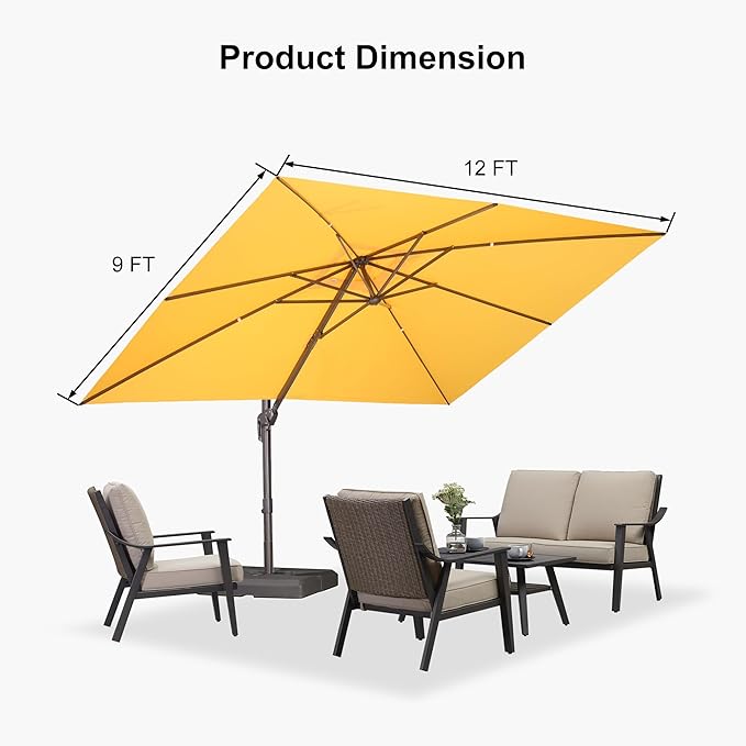 PURPLE LEAF 9' X 11.5' Rectangle Cantilever Umbrella Patio Umbrella Antique Bronze Outdoor Aluminum Offset Hanging Umbrella with 360-degree Rotation for Pool Garden Backyard Deck, Yellow