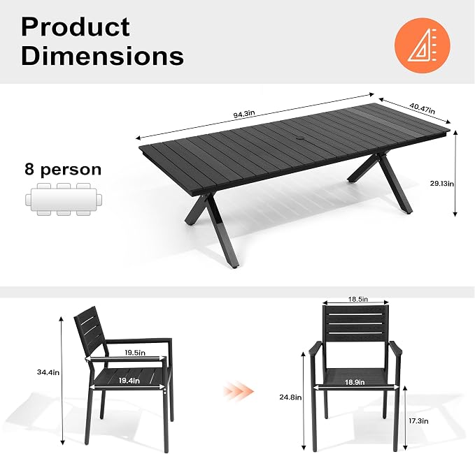 Pellebant Outdoor Dining Set for 8, 9 Pieces Aluminum Patio Table and Stackable Armrest Chairs with Umbrella Hole & Wood-Like Top, Black