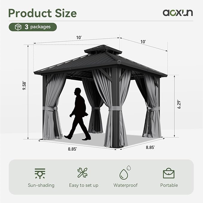 Aoxun 10’x10’ Hardtop Gazebo, Permanent Metal Pavilion with Galvanized Steel Double Roof, Outdoor Pregola for Lawn, Garden, Patio (Black)