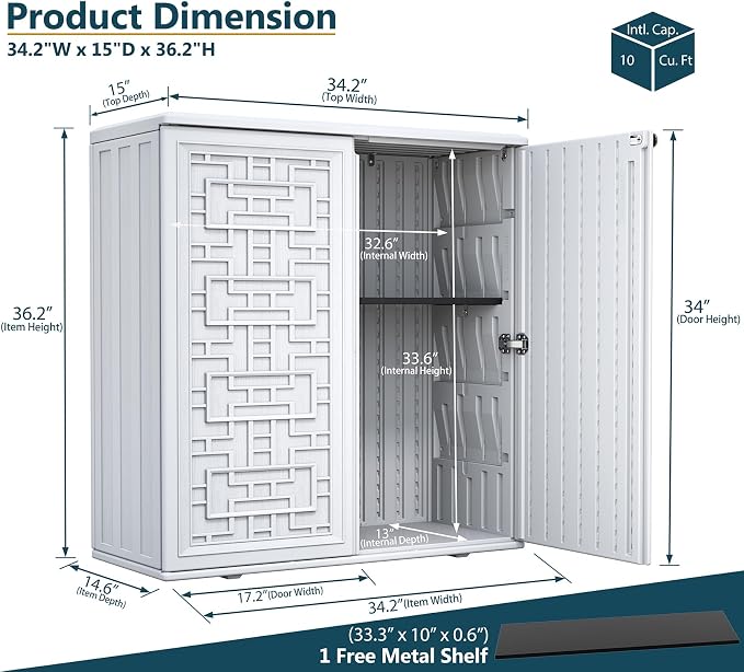 HOMSPARK Indoor/Outdoor Storage Cabinet with Doors and Shelf, 34”x15”x36” HDPE Plastic Storage Box Waterproof for Patio, Garden, Balcony, Multi-Purpose for Daily Tools, White