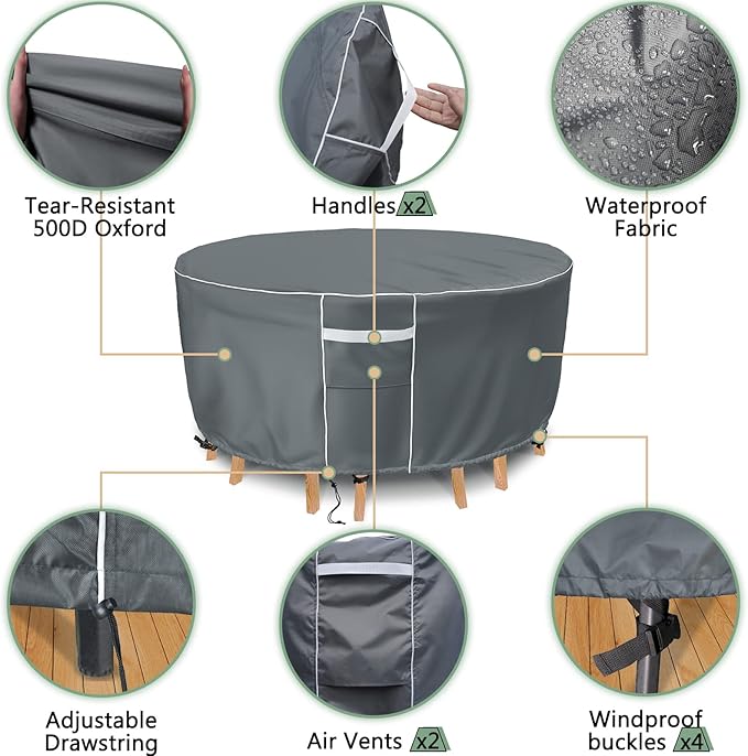 Gasadar Round Outdoor Furniture Cover Waterproof, Round Patio Furniture Covers for Patio Table and Chairs Set, Heavy Duty 600D, 62" Dia x 28" H, Grey