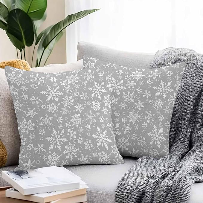 Outdoor Waterproof Throw Pillow Covers, Merry Christmas and Happy New Year Winter Snowfalke Geometric Pattern Gray Pillowcases Cushion Covers Cases for Patio Couch Bench, Pack of 2 Square, 16X16 Inch