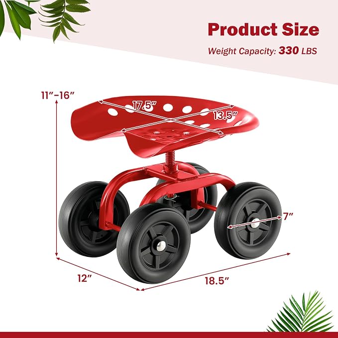 LDAILY Garden Seat with Wheels 11"-16" Adjustable Height for Lawn Planting | Rolling Garden Cart with Seat, 360° Rotatable Heavy-Duty Utility Stool Cart for Yard Work, Patio Gardening (Red)