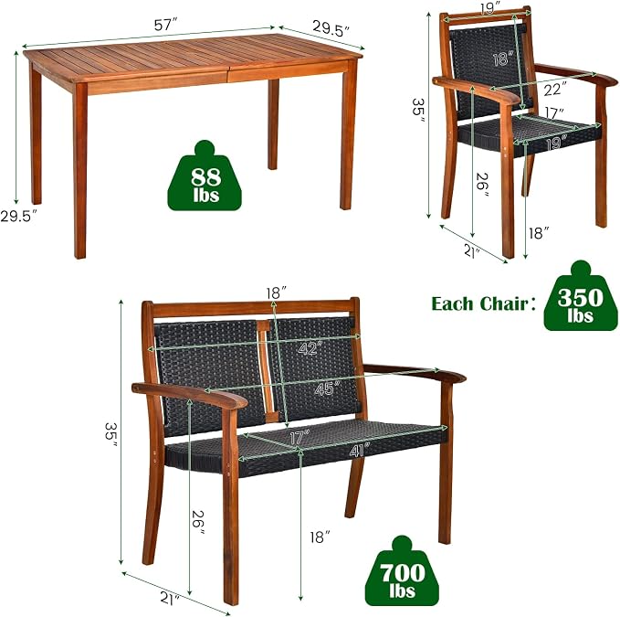 HAPPYGRILL 4 Piece Patio Dining Set Outdoor PE Rattan Space-Saving Dining Table Set with Umbrella Hole, Patio Armchairs and Acacia Wood Table Set for Garden Backyard Poolside