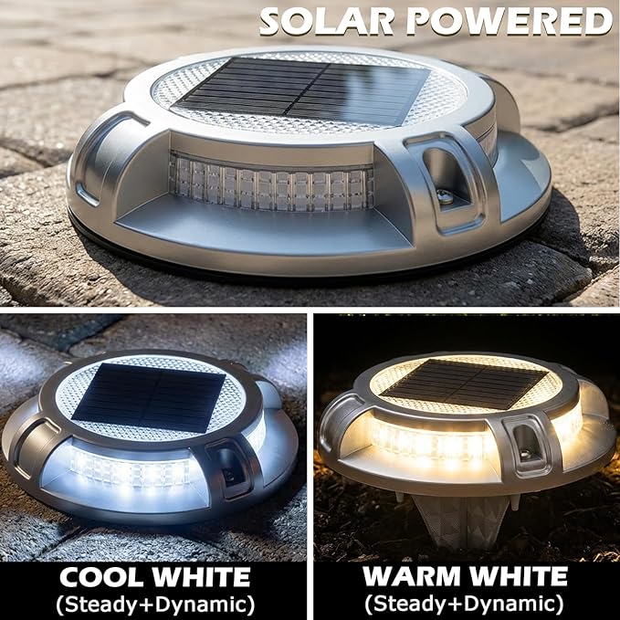 SIEDiNLAR Solar Driveway Lights Outdoor 4 Modes 40 LEDs Deck Driveway Markers Marine Dock Light Waterproof for Garden Ground Walkway Pathway Step Yard, White/Warm Dynamic Lighting (1 Pack)
