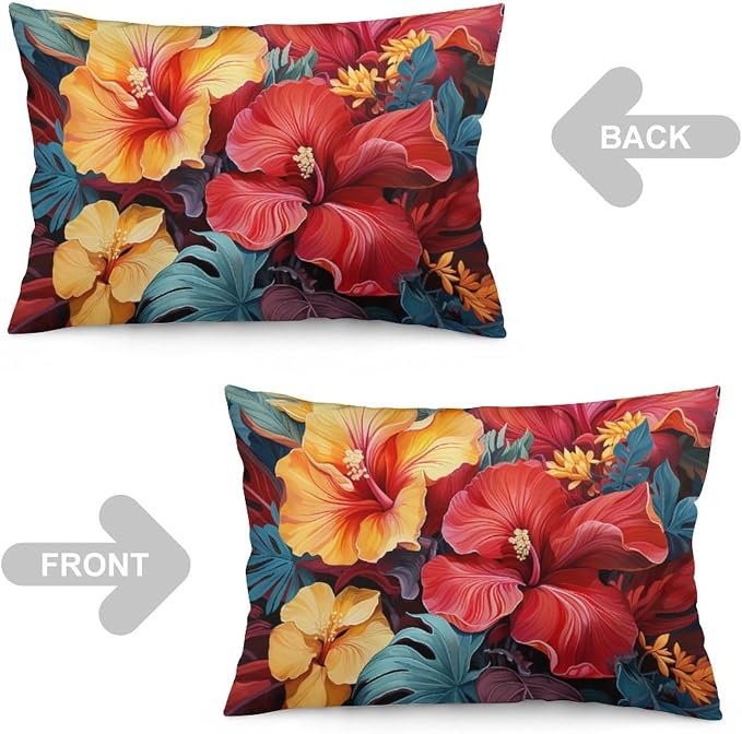Pillow Cases Tropical Flower Printed with Colorful Leaves Decorative Throw Pillow Case 20"x30" Tropical Red Hibiscus Flower Cooling Pillow Cases with Hidden Zipper Closure for Bedding Couch