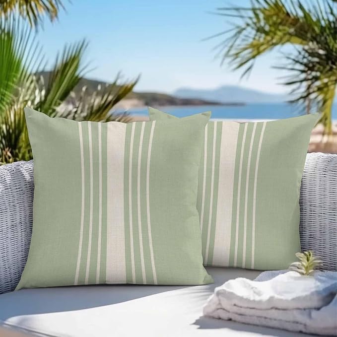 Outdoor Waterproof Pillows Cover Pack of 2 Modern Sage Green Striped Burlap Texture Decorative Pillowcases with Zipper Cushion Case for Patio Tent Couch Garden 16 x 16 Inches