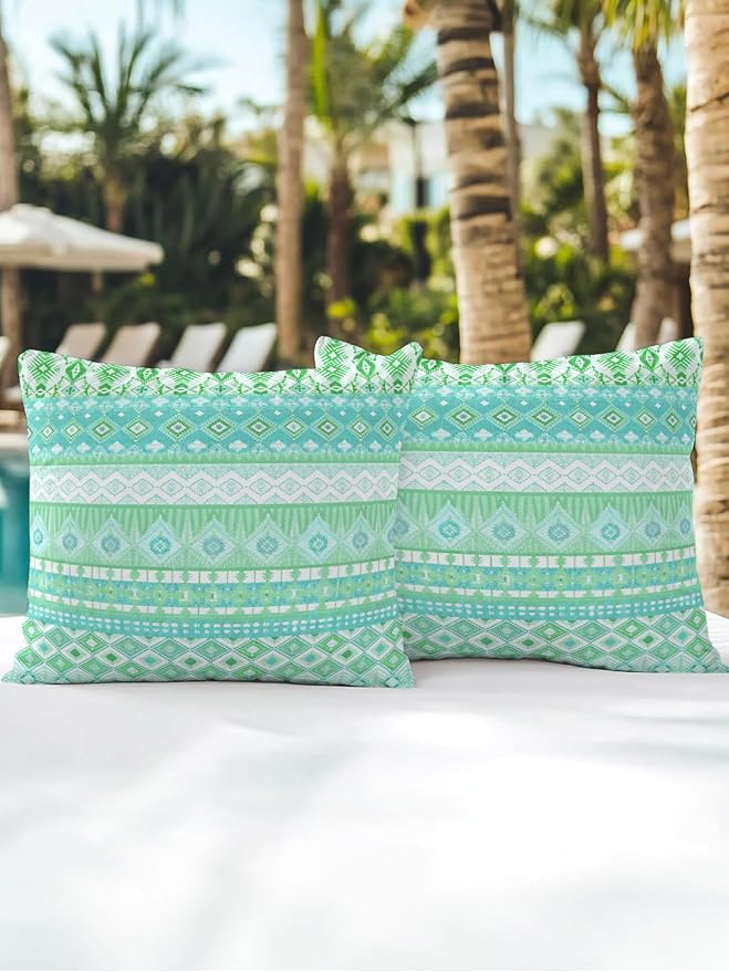 Waterproof Outdoor Pillow Set of 2 Teal Green Bohemian Decorative Throw Pillows Cover & Insert 16x16 Inch Pillowcase Boho Style Floral Leaves Geometric Pillows for Couch Sofa Bed Patio Furniture