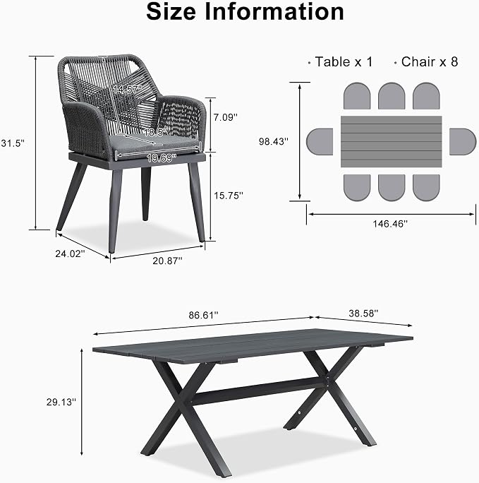 PURPLE LEAF 9 Pieces Outdoor Patio Dining Set All-Weather Aluminum Frame PE Rattan Outdoor Patio Furniture Set Rectangular Table and Chairs Set for 8 People Lawn Garden Backyard Deck, Grey