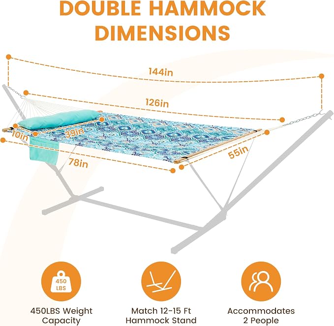 Lazy Daze Hammocks 10.5FT 2 Person Double Quilted Fabric Hammock with Spreader Bar, Detachable Pillow, Side Pocket, Carabiners, Chains, Straps for Outdoor, 450lbs Capacity, Floral Auqa