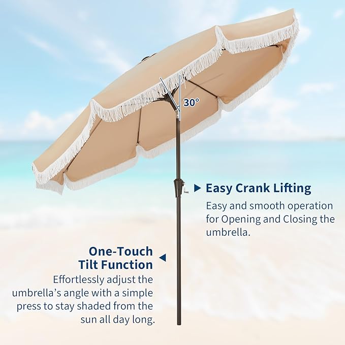 Garvee 10FT Fringe Patio Umbrella with Crank Handle, Push Button Tilt for Sun Shade, 8 Fiberglass Ribs, 1.5"D Premium Steel Pole, Outdoor Large Tassel Umbrella for Patio Beach Pool Backyard, 10' Beige