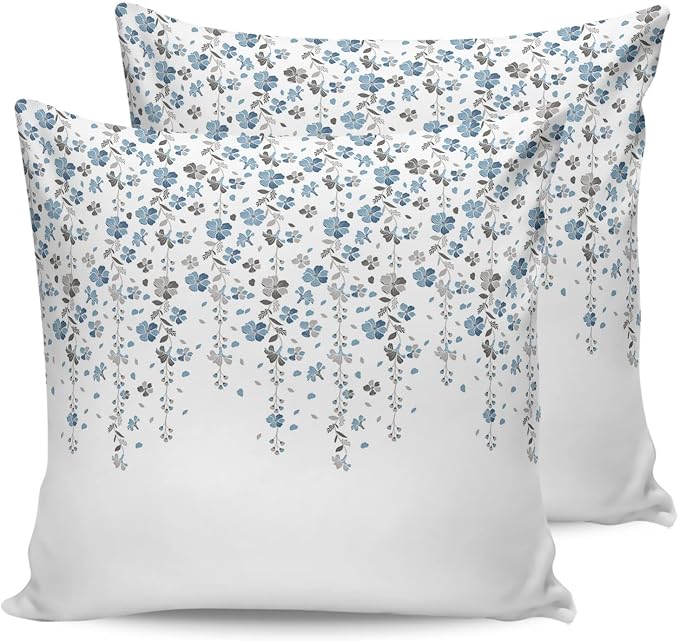 Floral Outdoor Pillow Covers Pack of 2, Blue and Grey Flowers Waterproof Pillow Covers Seasonal Spring Summer Throw Pillowcase for Patio Funiture Garden Tent, 16 x 16 inch